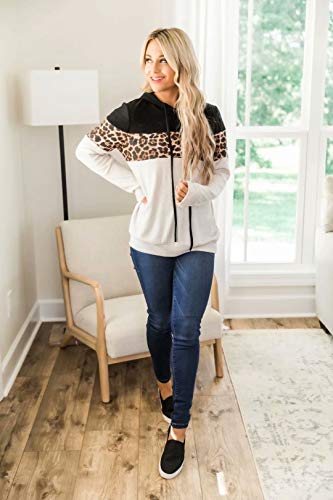 OWIN Women\'s Color Block Sweatshirt Leopard Hoodie Long Sleeve Drawstring Lightweight Pullover Tops