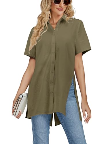 LYANER Women's Collar V Neck Split Hem Blouse Army Green Small at Amazon