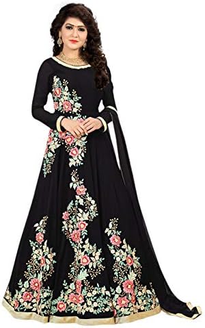 Monika Silk Mill Women's Taffeta Silk Embroidered Semi-Stitched Gown_Black FreeSize