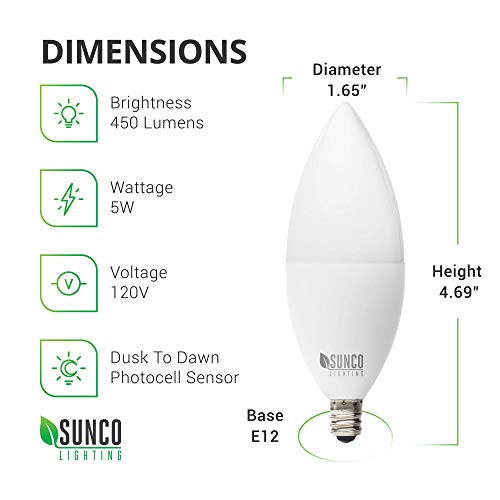 Sunco Lighting 10 Pack B11 LED Candelabra Bulb, DusktoDawn, 5W=40W