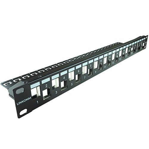 LINKOMM RJ45 1U 19 Inch 24-Port Shielded Cat6A Blank Staggered Keystone Jack Patch Panel with Rear Cable Management, Black