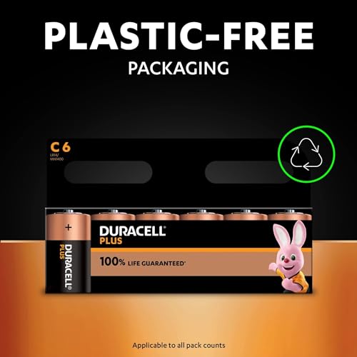 Duracell Plus C Batteries (4 Pack) - Alkaline 1.5V - 100% Life Guaranteed - Reliability For Everyday Devices - 0% Plastic Packaging - 10-Year Storage - MN1400