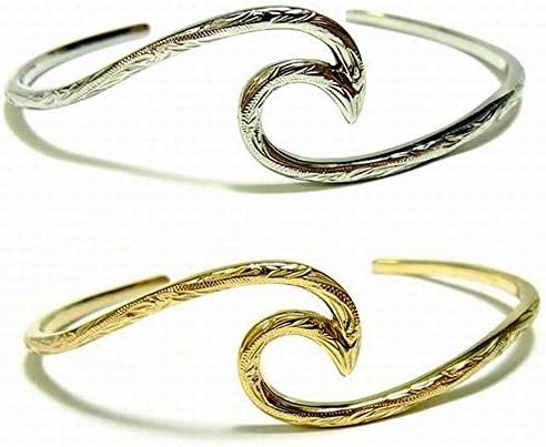 【ハワイアンジュエリー/HawaiianJewelry】 バングル ブレスレット 腕輪 イエローゴールド シルバー スクロール 波 インスタ メンズ レディース ペア サージカルステンレス316L 贈り物 記念日 誕生日 (イエローゴールド×Mサイズ：6.0cm)