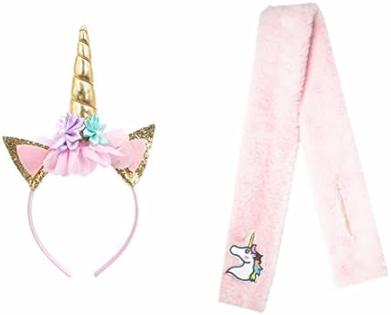 Oexper Gold Glitter Unicorn Horn Headband, Flowers Ears Headbands for Party Decoration or Cosplay Costume and Pink Children's Winter Fake Faux Fur Unicorn Scarf Wrap Collar Shawl Shrug