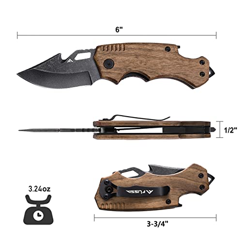 Flissa Mini Folding Pocket Knife, 2.5-Inch Stainless Steel Drop Point Blade, EDC Pocket Knives for Men with Bottle Opener and Glass Breaker (Wood)