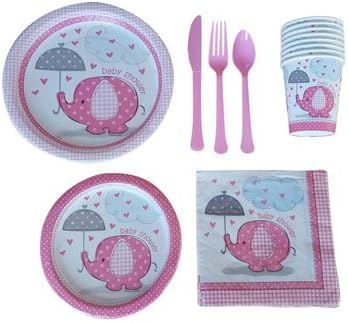 Pink Umbrellaphants Baby Shower Party Supplies Pack - Deluxe w/ Lunch and Dessert Plates, Napkins, Cups, and Cutlery