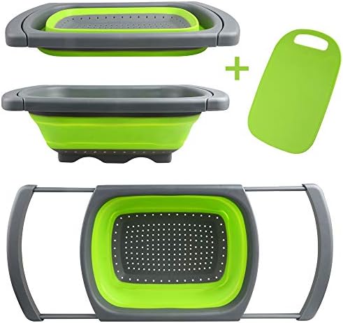 Collapsible Kitchen Colander【2019 New Version】Silicone Collapsible Over The Sink Colander With Handle/Folding Strainer For Draining Fruit,Vegetable and with a Cutting Board Gift (green and gray)