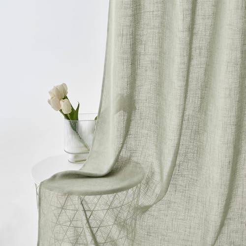 Woaboy Linen Curtains Translucent Net Curtains with Eyelets Modern Decorative for Living Room Window Bedroom 2 Pieces 140 x 245 cm Green Grey