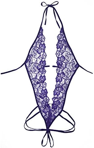 Foxyfox Women Lingerie Sexy Lace Teddy Deep V Halter Babydoll Bodysuit (Medium, Purple)