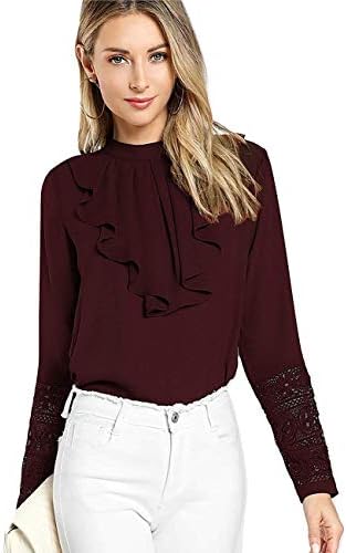 Casual Full Sleeve Keyhole Back Insert Lace Ruffle Top