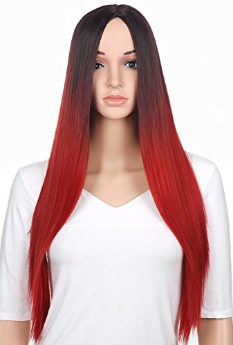 LOUISE MAELYS Black Highlight Red Long Cosplay Wig Straight Wig Hair Extension