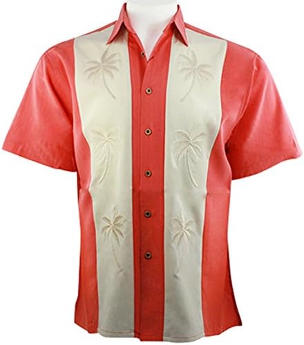 Bamboo Cay Pacific Paneled Palms Salmon Color Tropical Style Embroidered Shirt