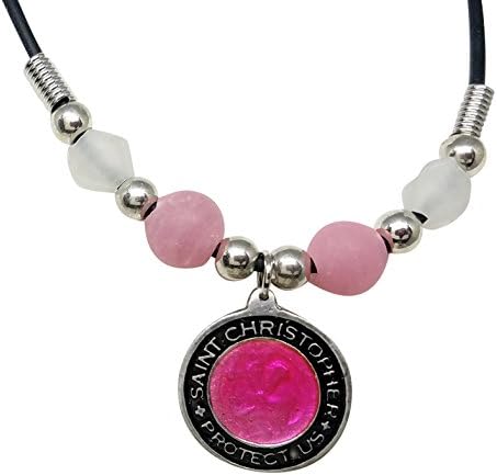 Saint Christopher Necklace Choker With Beads, Pink Medallion With Black Rim, Surfer On Back, 16โ