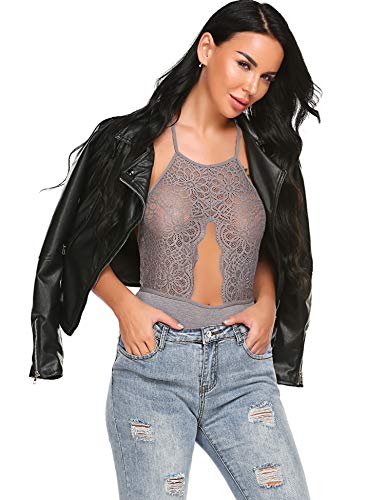 wearella Women Snap Crotch Lingerie Sexy Lace Bodysuit Thong One Piece Lace Baby Dolls Teddy Sleepwear Gray