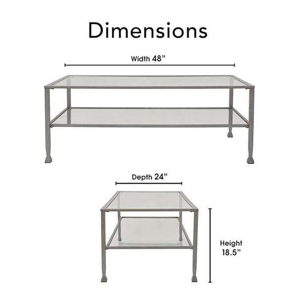 CLICKDECOR MADDOX 2-TIER TEMPERED GLASS COFFEE TABLE WITH METAL FRAME, CONSOLE, LIVING ROOM ACCENT FURNITURE, RECTANGULAR TOP WITH STORAGE SHELF, EASY ASSEMBLY, 48 INCH, SILVER