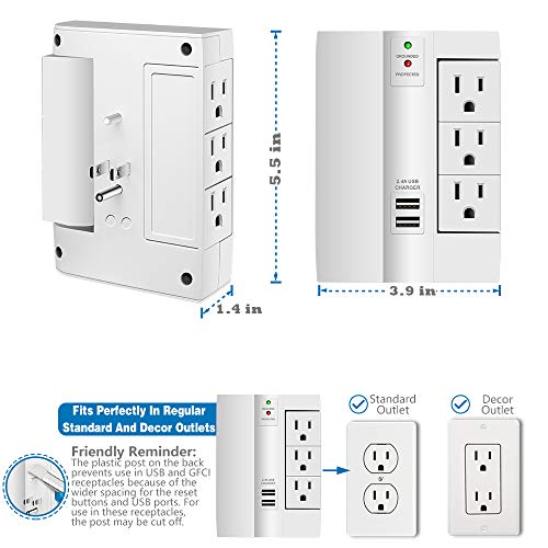Wall Tap Surge Protector, Kasonic Top Power Strip 6 Power Outlets Plus 2 USB Ports Portable Wall-Mount Socket, Best Power Surge Protection Smart Charging for Home and Office (1 Pack)