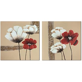 Wieco Art Red and White Flowers Canvas Prints Wall Art Abstract Floral Oil Paintings Style Pictures for Living Room Bedroom Bathroom Home Decorations 2 Piece Modern Stretched and Framed Grace Artwork