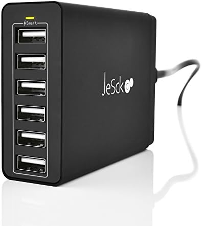 JeScko USB Charger 60W 6-Port, Rapid Desktop Charging Station for Multiple Devices with Smart IС Tech + 2 Micro-USB Cables compatible w/ Androids, iPhones, iPad and iPod &amp; More, Black