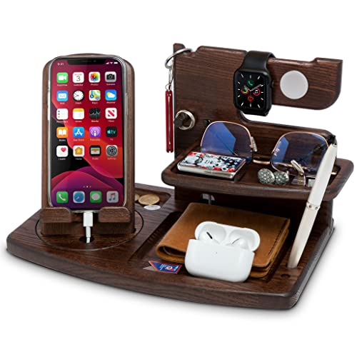 TESLYAR Wood Rotating Swivel Phone Docking Station with iPhone Watch Ash  Key Holder Wallet Stand Watch Organizer Men Husband Wife Anniversary Dad