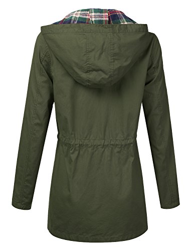 DRESSIS Women's Woven Plaid Hooded Drawstring Waist Cotton Utility Jacket Olive S - Thumbnail 2