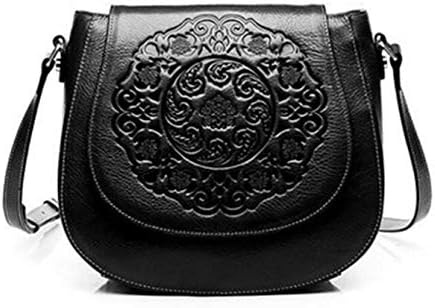 Sakuldes Vintage Leather Ladies Shoulder Bag Simple Wild Embossed Diagonal Saddle Bag Small Exquisite Crossbody (Color : Black)