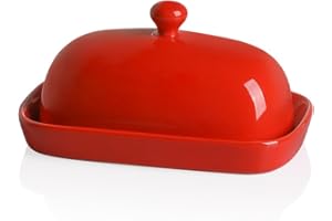 Sweejar Ceramic Butter Dish with Lid for Countertop,Porcelain Butter Keeper with Knob Handle,Butter Container for East/West Coast Butter, 7.1*3.7 inches (Red)