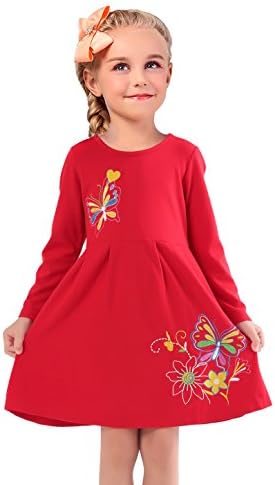 Girls Pure Cotton Butterfly Embroidery Long Sleeve Pleated Dresses Red Size 8