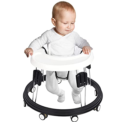 Adjustable Baby Walkers for Baby with Easy Clean Tray, Universal Wheeled Walker, Anti-Rollover Folding Walker for Girls Boys 6-18Months Toddler, Black