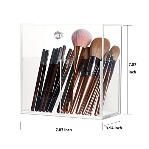 MUGFILWJ Makeup Brush Holder Clear Acrylic DustProof Makeup Storage Box With Cover Large Capacity Brush Organizer with drawer for Vanity Bathroom Bedroom Dressing Table