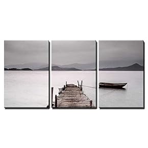 3 Piece Canvas Wall Art - Looking Over a Pier and a Boat, Low Saturation - Modern Home Art Stretched and Framed Ready to Hang - 16"x24"x3 Panels