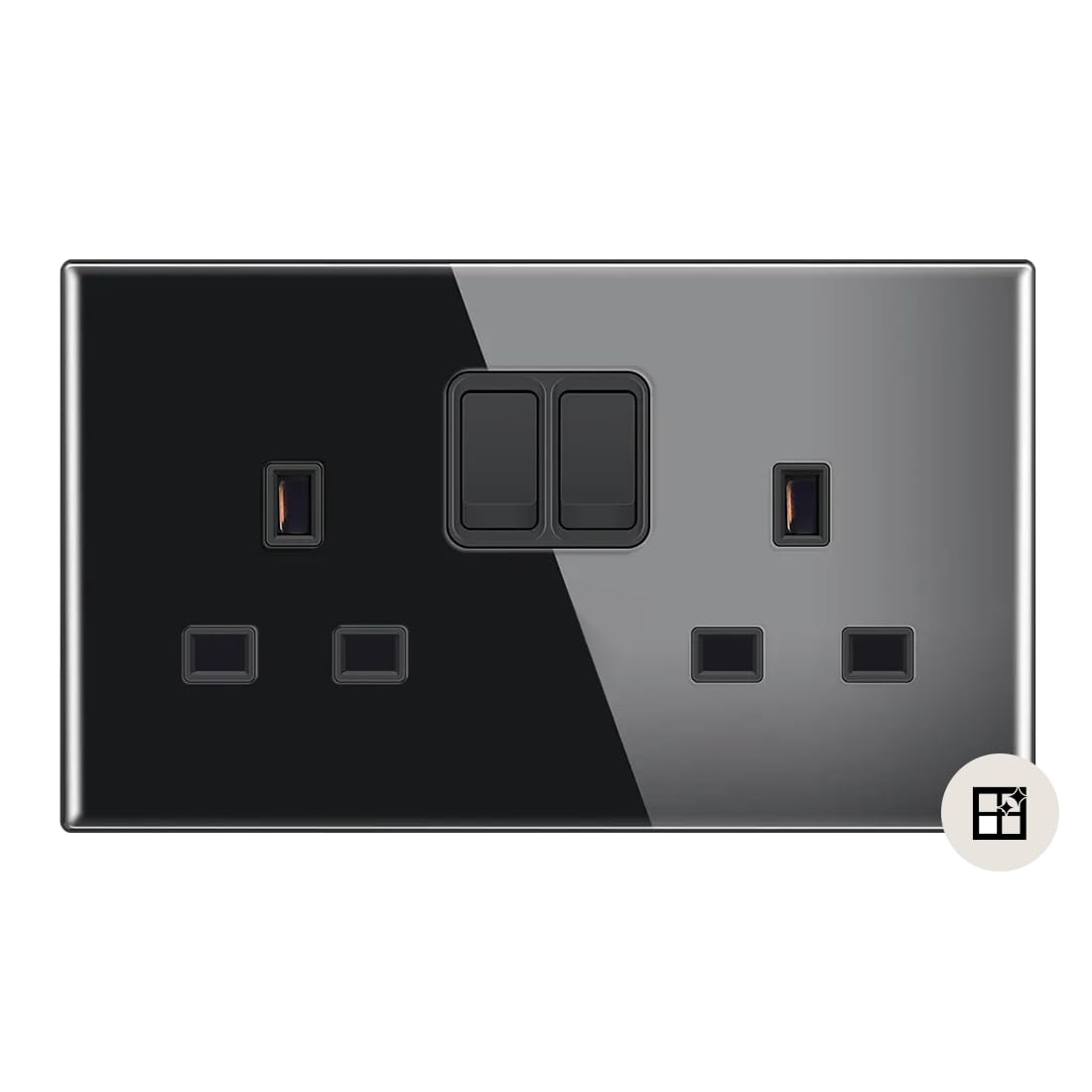 Sardini Home Full Glass Nero Black Tempered Glass UK 3-pin 13A Double Switched 2 Gang Plug Wall Socket with Scratch Resistance (Updated Model)