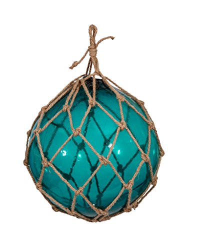 Glass Floats Ball In Netting 8" inches | Various Sizes & Colors Available | Blue Japanese Fishing Glass Float Buoy Blown Ball In Net Rope - Teal | Tiki Decor | The Seashell Company