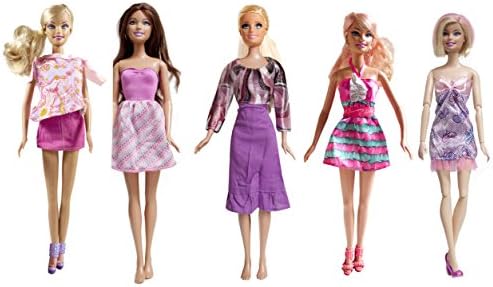 Lot of 5 Barbie Sweet Dress / Short Gown Set E, Handmade Barbie Dresses (5 Pink &amp; Violet Set)- Dolls NOT Included