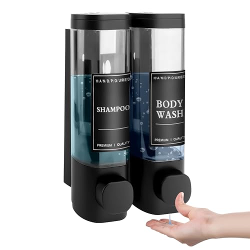 MEKOTRIN Wall Mounted Soap Dispenser, Shower Gel Dispenser, Double Shampoo and Conditioner Dispenser without Drilling ABS for Bathroom, Kitchen, Market, Hotel, Restaurant 300 ml x 2 (Black)