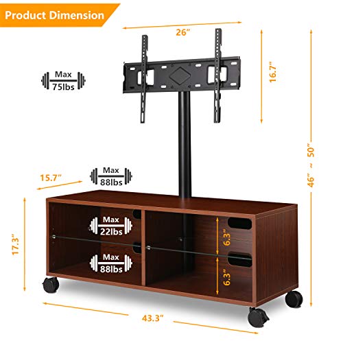 5Rcom Rolling Wood Entertainment TV Stands with Swivel Mount and Height Adjustable for Most Flat/Curved Panel TVs from 32 to 65 Inch, Sturdy and Durable, Walnut - Thumbnail 2