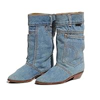 Hoxekle Women Low Heel Casual Mid Calf Boots Ladies Jeans Slip On Boots Pointed Toe Cowboy Flat Boots Blue