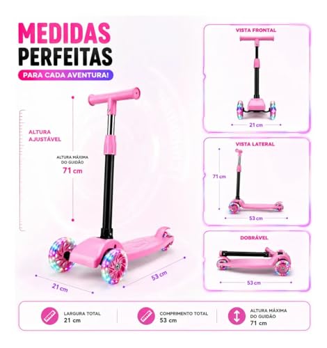 Patinete Infantil 3 Rodas Com LED Colorido, Dobrável Com Altura Ajustável Suporta até 40 kg Para Menino e Menina - CIRCUS