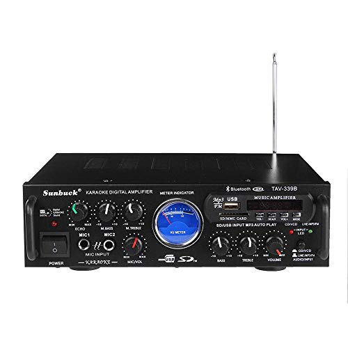 Wireless Bluetooth Karaoke Amplifier – 200 Watts Dual Channel Home Audio PA Receiver System 2 Mics Input, FM, USB,SD UV Meter-for Speaker iPhone-Sunbuck TAV339BT.