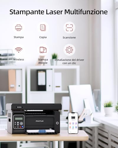 PANTUM M6500NW WiFi Multifunction Laser Printer, Duplex Manual in Black and White, 22 ppm, Ethernet, USB 2.0, Resolution 1200 x 1200 dpi, Print, Copy and Scan for Small Home Offices