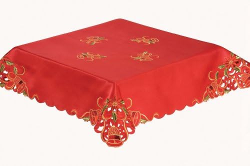 70 X 108 INCH OBLONG CHRISTMAS EMBROIDERD TABLECLOTH . RIBBONS AND BELLS. RED, 10 SEATER SIZE, EASYCARE.(13244)