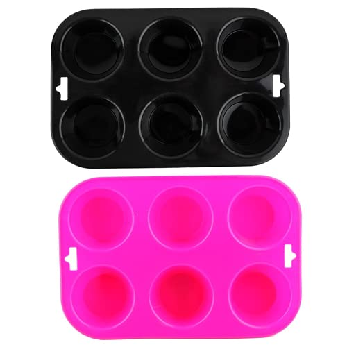 Selecto Bake 6 Cup Silicone Bun & Muffin Moulds – Non-Stick Cupcake & Yorkshire Pudding Tray – Pack of 2 (Black, Pink)