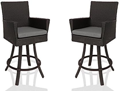 Patio Bar Stools with Back - All Weather Outdoor Wicker Bar Stool (31" Seat Height) in Espresso Brown. Set of 2 (Canvas Taupe)