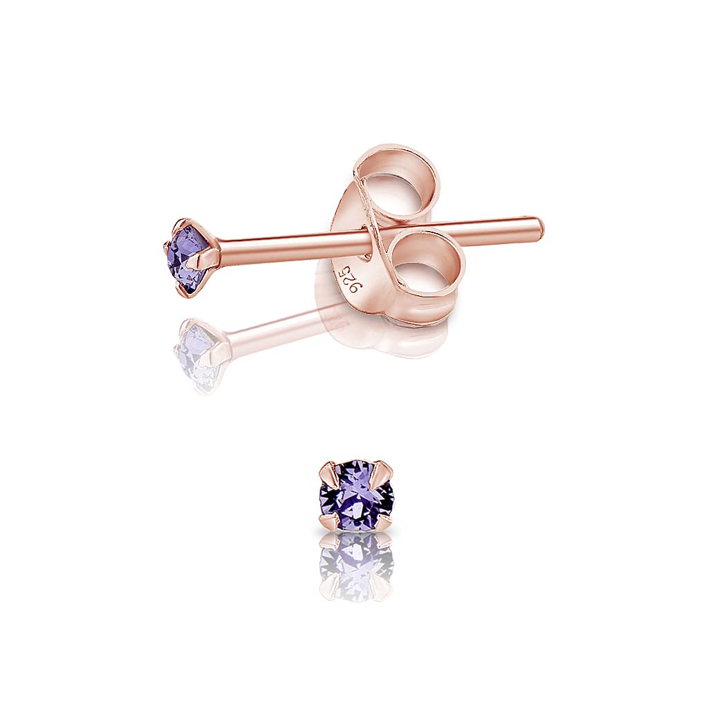 Small Solitaire Stud Earrings 925 Sterling Silver Rose Gold Plated 18K - Gold Crystal Studs 2 mm - Minimalist Sparkle Stud Earrings with Tanzanite Crystal