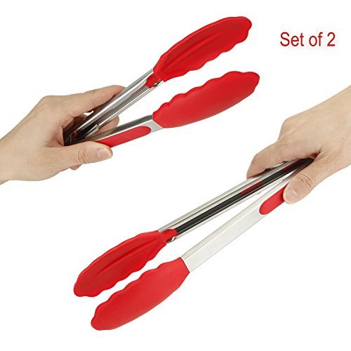 Tongs, Stainless Steel Kitchen Tongs, RUZINIU Food Tongs, Heavy Duty,Non-Stick,Silicone Tips, Heat Resistant Cooking Tongs For BBQ, Grilling, Salads, Serving And Steak Turning - Red