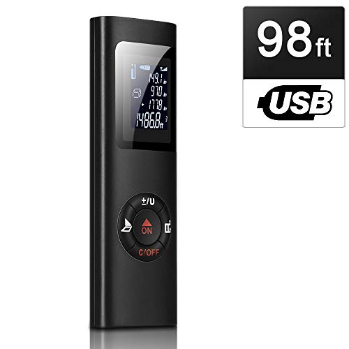 Laser Distance Meter, IPSXP 98Ft 30M USB Rechargeable Laser Measure M/In/Ft Laser Measure Tool with Backlit LCD Digital Display, Measure Distance Area Volume Pythagorean, with Carry Strap