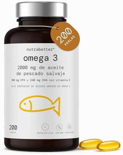 Omega 3 capsulas 2000mg | 200 Perlas | 600mg de Omega-3 puro + Vitamina E | Calidad Testada | Ácidos Grasos Omega 3 para Salud del Corazón, Cerebral y de la Presión Sanguínea | nutrabetter®