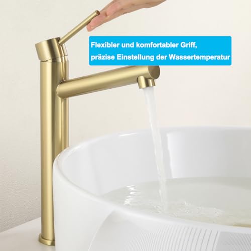 Tondiy High Gold Basin Faucet, Countertop Basin Mixer, Adjustable Hot and Cold Bathroom Taps, Stainless Steel, Removable Aerator, Gold