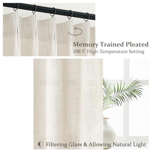 Pinch Pleated Linen Curtains 96 Inches Long for Living Room Bedroom, Light Filtering Boho Window Drape 96 inch 2 Panels Burgs with Hooks&Rings 8ft Cream Birch Sliding Glass Door Sheer Curtain Decor