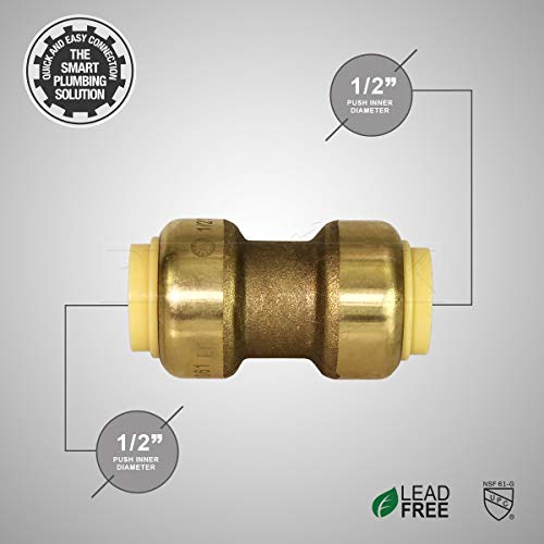 Pushlock UPSC12-5 Straight Coupling Pipe Fittings Push to Connect Pex Copper, CPVC, 1/2 Inch, Brass Pack of 5