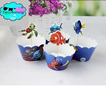 decolandy 12 set finding nemo-finding Dory Cupcake wrappers and toppers,Finding nemo cupcake toppers,Finding dory fonding nemo party decoration,ocean party decoration Sea party decoration
